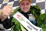 PACEMAKER, BELFAST, 10/8/2012: Michael Dunlop celebrates after winning the Superstock race at the Ulster Grand Prix today.
PICTURE BY STEPHEN DAVISON