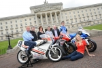 Brian Reid, Bruce Anstey, Siobhan Rice of Around a Pound, William Dunlop, Noel Johnston, Conor Cummins and Ulster Grand Prix girl April Linton at the launch of the 90th McKinstry Skip Hire Ulster Grand Prix at Parliament Buildings