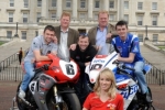 William Dunlop, Bruce Anstey, Conor Cummins and Ulster Grand Prix girl April Linton with Tommy and Terry Maxwell at the launch of the 90th McKinstry Skip Hire Ulster Grand Prix at Parliament Buildings