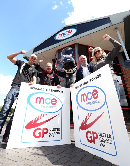 PACEMAKER, BELFAST, 23/5/2016: Ulster Grand Prix stakes claim for success with new headline sponsor; MCE Insurance to cover the World's Fastest Road Race. Top road racers Maria Costello and Peter Hickman join MCE Insurance's Big Ed and Ken Stewart and Noel Johnston of the Dundrod and District Motorcycle Club to announce the title sponsorship of the Northern Ireland race at the insurance giant's base in Northampton. PICTURE BY STEPHEN DAVISON