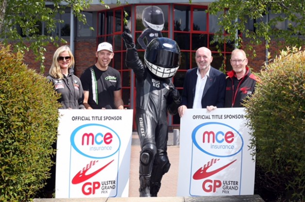 PACEMAKER, BELFAST, 23/5/2016: Ulster Grand Prix stakes claim for success with new headline sponsor; MCE Insurance to cover the World's Fastest Road Race. Top road racers Maria Costello and Peter Hickman join MCE Insurance's Big Ed and Ken Stewart and Noel Johnston of the Dundrod and District Motorcycle Club to announce the title sponsorship of the Northern Ireland race at the insurance giant's base in Northampton. PICTURE BY STEPHEN DAVISON