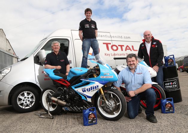 PACEMAKER, BELFAST, 27/6/2016: Slick sponsorship announced for Dundrod 150 national road race - Plant Lubrication (NI) signs up as title sponsor for third year running. L-R: Bob McCaffrey and Alan McCaffrey of Plant Lubrication (NI) with road racer Christian Elkin and Noel Johnston, Clerk of the Course at the MCE Insurance Ulster Grand Prix. PICTURE BY STEPHEN DAVISON