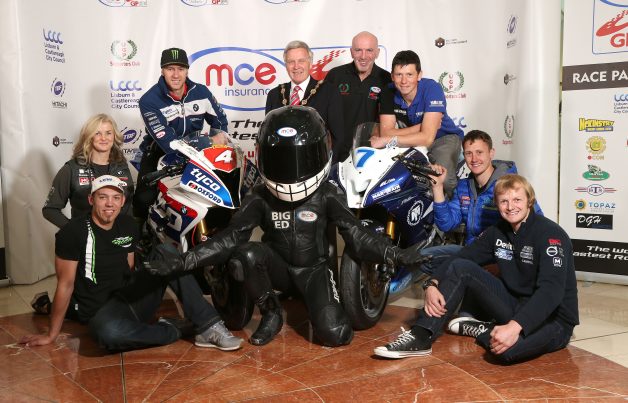 PACEMAKER, BELFAST, 4/7/2016: Top road racers Maria Costello, Ian Hutchinson, Dan Kneen, Dean Harrison, Peter Hickman and Ivan Lintin joined Mayor of Lisburn and Castlereagh City Council, Cllr Brian Bloomfield, MBE, Clerk of the Course, Noel Johnston and Big Ed from title sponsors, MCE Insurance at the race launch in Lisburn today. PICTURE BY STEPHEN DAVISON