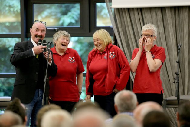 Host, Liam Beckett with Sheila Sinton MBE, Yvonne Ward and Jan Simm from The Injured Riders Welfare Fund at the MCE Ulster Grand Prix Meet the Riders event at Ramada Plaza Hotel, Belfast on 4th July.