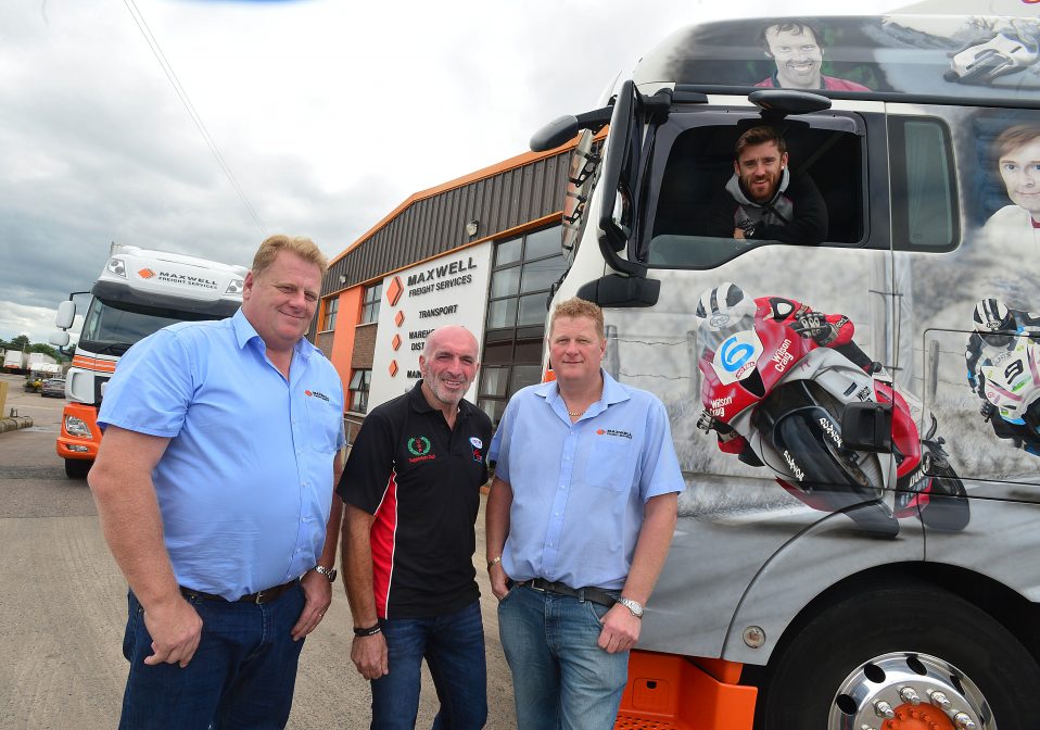 Maxwell Freight Services confirm sponsorship of Supertwins race at MCE Ulster Grand Prix. L-R: Terry Maxwell, Noel Johnston, Clerk of the Course at the MCE UGP, Tommy Maxwell and Lee Johnston.