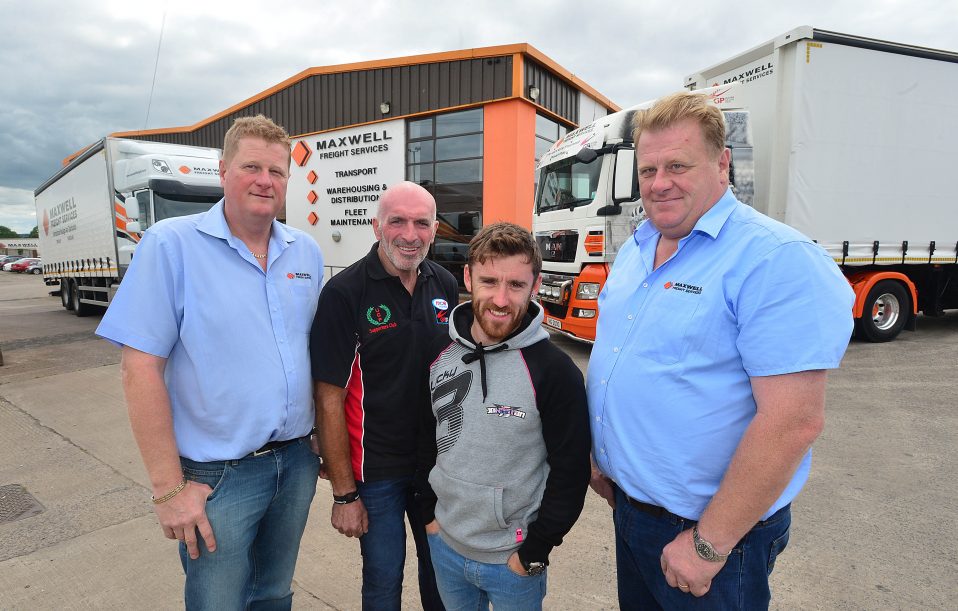 Maxwell Freight Services confirm sponsorship of Supertwins race at MCE Ulster Grand Prix. L-R: Tommy Maxwell, Noel Johnston, Clerk of the Course at the MCE UGP, Lee Johnston and Terry Maxwell.