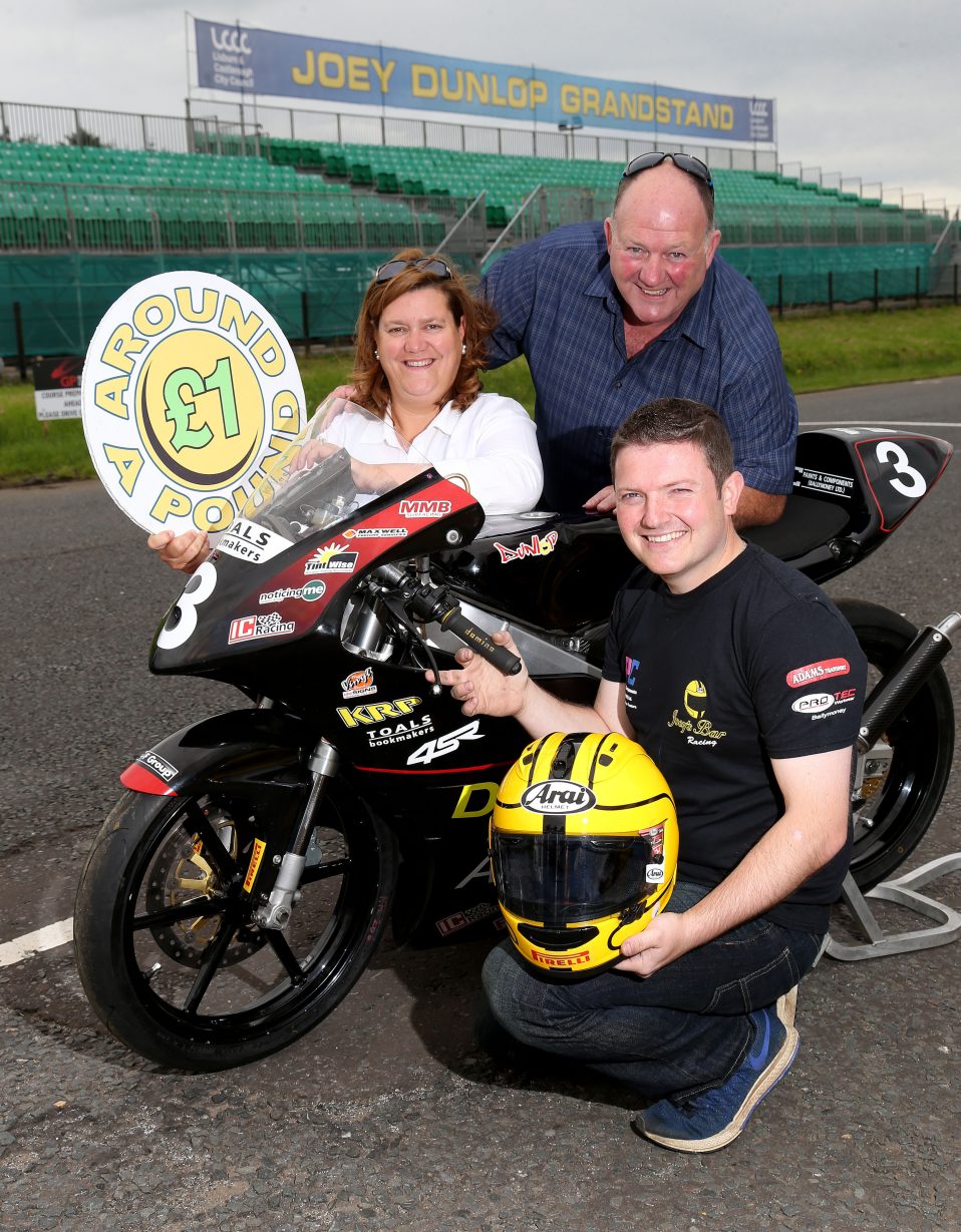 Siobhan and Gerard Rice of Around A Pound, race sponsors at the 2016 MCE Ulster Grand Prix pictured with Gary Dunlop ahead of his MCE UGP debut.