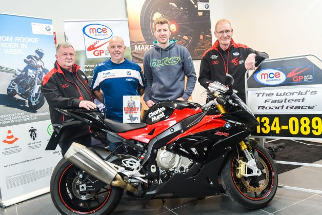 L-R: Eddie Johnston, Dundrod & District Motorcycle Club, Andy Higgins, event compere, 2016 MCE UGP Man of the Meeting Ian Hutchinson and Ken Stewart, Dundrod & District Motorcycle Club pictured at Hutchy's book signing at Charles Hurst BMW Motorrad on 3rd December.